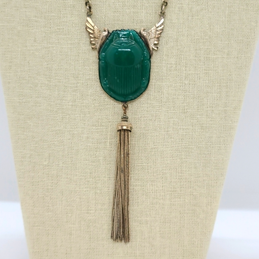 Vintage Green Silver-Plated Scarab Necklace